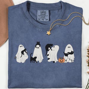 Halloween Black Cat & Ghost Comfort Colors Shirt, Halloween Ghost Tshirt, Spooky Season Cat Tee, Halloween Cute Women Outfit, Halloween Gift