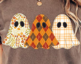 Preppy Spooky Season Png, Kwiatowy Patchwork Duchów png, Haft png, Upiorna sublimacja, Trendy, Jesienna dynia png, Zabawny Halloween Png