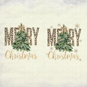 K&ouml;nnte beinhalten: Ein festliches Design mit den Worten "MERRY Christmas" in einer Leopardenmuster-Schriftart und goldener Glitzerschrift. Jedes "MERRY" hat einen gr&uuml;nen Weihnachtsbaum mit einer goldenen Schleife. Goldene Schneeflocken sind um den Text verstreut.