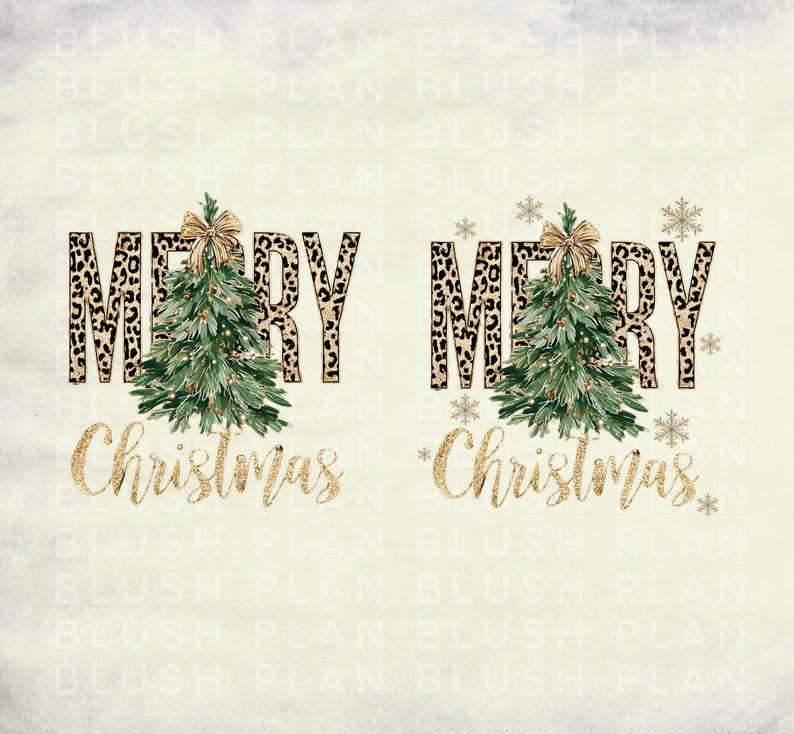 K&ouml;nnte beinhalten: Ein festliches Design mit den Worten "MERRY Christmas" in einer Leopardenmuster-Schriftart und goldener Glitzerschrift. Jedes "MERRY" hat einen gr&uuml;nen Weihnachtsbaum mit einer goldenen Schleife. Goldene Schneeflocken sind um den Text verstreut.
