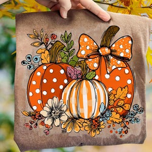 May include: A brown t-shirt featuring a fall-themed design. The design includes three pumpkins, two with orange polka dots and one with orange and white stripes. A large orange bow with white polka dots is on one pumpkin. Floral and leaf accents complete the design.
