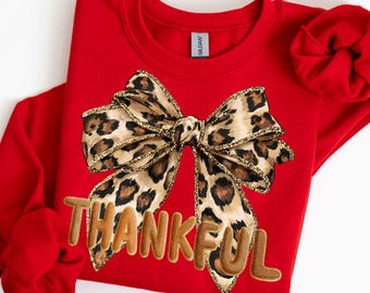 Preppy Thankful PNG Thanksgiving Hand Drawn Doodle Bow Png Fall Retro Neutral Whimsical Trendy Sublimation 2026 Coquette Leopard Glitter