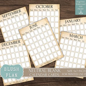 Neutrale leere Kalenderkarten, Junk-Journal, Planer, ewige Organizer, Vintage Design, monatliche und wöchentliche Layouts, druckbar und digital