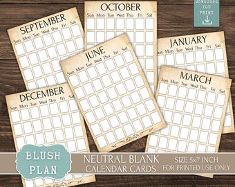 Neutral Blank Calendar Cards, Junk Journal, Planner, Perpetual Organizer, Vintage Design, Monthly and Weekly Layouts, Printable and Digital