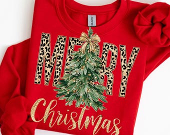 Preppy Merry Christmas Tree Png, Coquette Leopard Christmas Png, Faux Glitter Png,  Girly, Holiday Png, Girly,Tis The Season Png