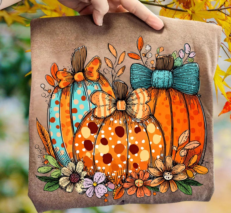 May include: A brown t-shirt featuring a colorful fall design. The design includes three pumpkins with polka dots and bows, surrounded by flowers and leaves. The pumpkins are orange, teal, and brown.