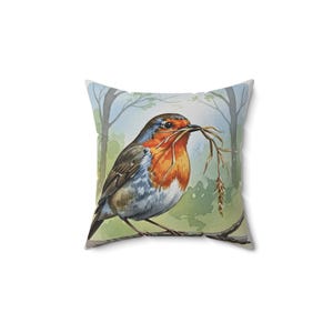 Robin Pillow: Watercolor Bird Design, Cozy Farmhouse Decor
