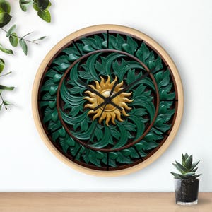 Nature-Inspired Wall Clock with Sun Motif, Home Decor, Eco-Friendly Gift, Artistic Timepiece, Greenery-Themed Clock