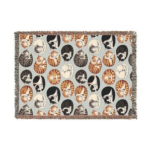 Sleeping Cats Woven Blanket: Colorful Fringed Cotton Throw