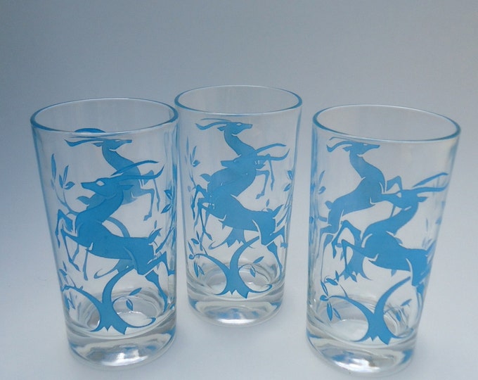 3 Mid Century Blue Gazelle Glass Tumblers Federal Glass Etsy