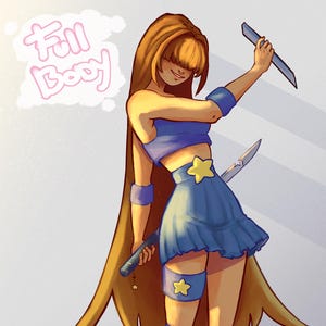 May include: Illustration of a character in a blue outfit with a star-shaped belt buckle and a star on the thigh. The character has long, flowing brown hair and is holding two weapons. The text "Full Body" is in a thought bubble.