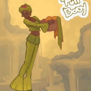 May include: An illustration of a person in a green outfit carrying a basket of colorful items. The person has short green hair with pink accents and is set against a yellow background. The words "Full Body" are in a white bubble.