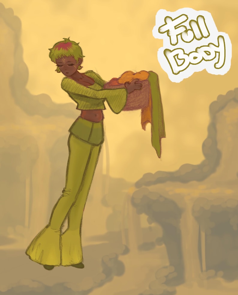 May include: An illustration of a person in a green outfit carrying a basket of colorful items. The person has short green hair with pink accents and is set against a yellow background. The words "Full Body" are in a white bubble.