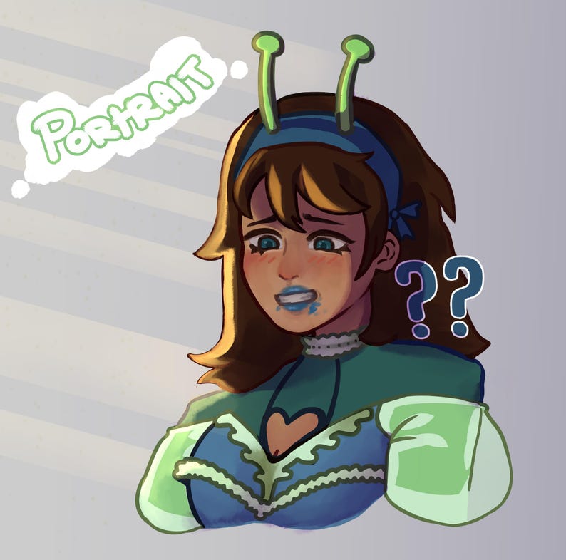May include: Digital illustration of a woman with brown hair, blue eyes, and blue lipstick. She wears a green and blue dress with a heart-shaped neckline and a blue headband. Green antennae-like structures are on her head. A thought bubble says "PORTRAIT" and question marks appear.