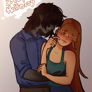 May include: An illustration of two figures in an embrace. One figure, with dark skin and hair, wears a blue button-down shirt. The other figure, with fair skin and long brown hair, wears a teal tank top. A thought bubble above the figures reads "2 People Half Booy".