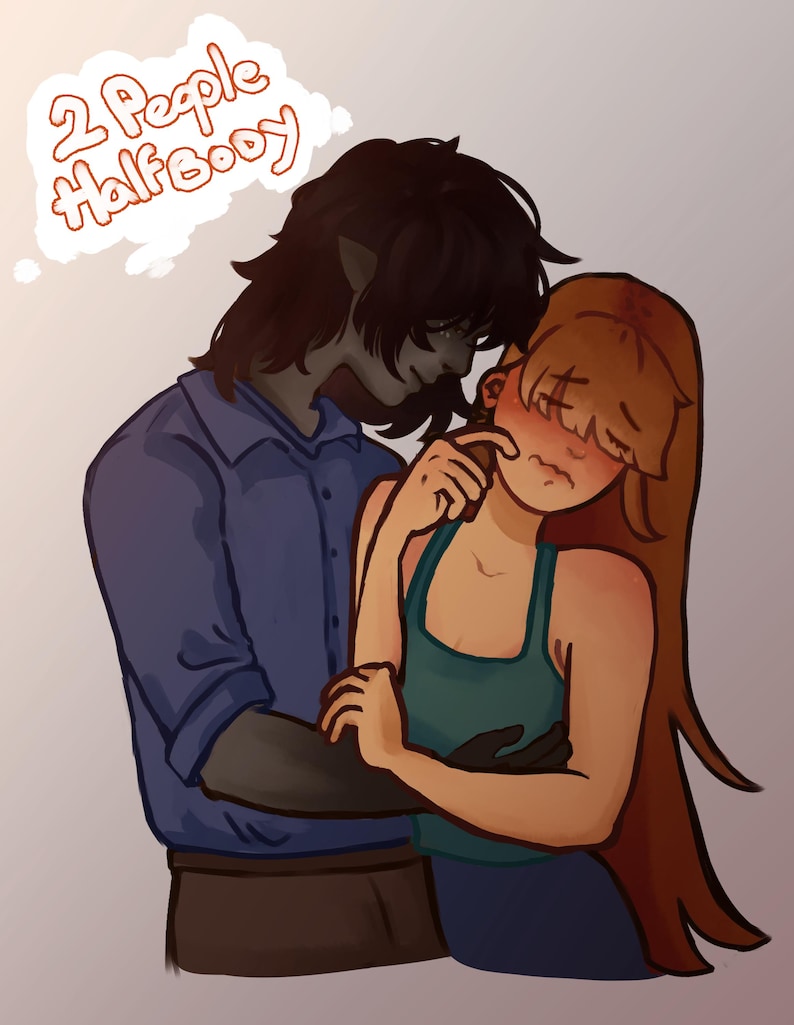 May include: An illustration of two figures in an embrace. One figure, with dark skin and hair, wears a blue button-down shirt. The other figure, with fair skin and long brown hair, wears a teal tank top. A thought bubble above the figures reads "2 People Half Booy".