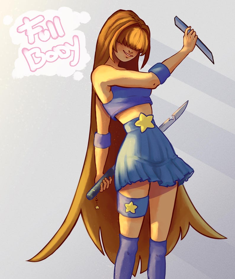 May include: Illustration of a character in a blue outfit with a star-shaped belt buckle and a star on the thigh. The character has long, flowing brown hair and is holding two weapons. The text "Full Body" is in a thought bubble.
