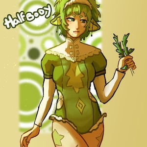 May include: Illustration of a green-haired character with pointed ears, wearing a green dress with a white collar and a diamond-shaped design. The character holds a sprig of leaves. The background is yellow with green circles. Text reads "Half Booy".
