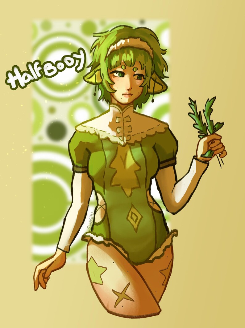 May include: Illustration of a green-haired character with pointed ears, wearing a green dress with a white collar and a diamond-shaped design. The character holds a sprig of leaves. The background is yellow with green circles. Text reads "Half Booy".