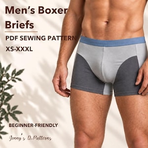 Puede incluir: Calzoncillos tipo bóxer con un panel central gris claro, paneles laterales gris oscuro y una cinturilla azul. El texto en la imagen dice: Men's Boxer Briefs, PDF SEWING PATTERN, XS-XXXL, BEGINNER-FRIENDLY, Jenny's D. Patterns.