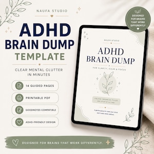 Puede incluir: Una plantilla digital de descarga mental para TDAH en una pantalla de tableta, con el texto ADHD BRAIN DUMP, 14 páginas guiadas, PDF imprimible, compatible con Goodnotes, diseño apto para TDAH, arte lineal botánico y tonos verde salvia.