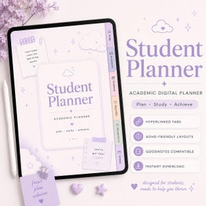 Op de afbeelding: Een digitale studentenplanner op een tablet, in een zacht paars kleurenschema. De planner toont de woorden "Student Planner" en "Academic Planner". Andere tekst is "Plan, Study, Achieve" en "Hyperlinked Tabs".