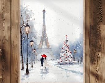 Eiffelturm Winternacht Aquarell Druck: Paris Weihnachtspaar (Digitaler Download)