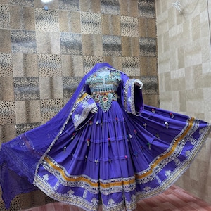 Afghan Wedding Lilac Handmade Embroidery Bridal Dress,Kuchi Dress ,Three piece dress,with adjustable tassels at the back,long maxi