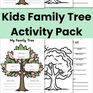 Puede incluir: Un paquete de actividades de árbol genealógico para niños con el texto "Kids Family Tree Activity Pack". El paquete incluye páginas para que los niños completen su árbol genealógico, con espacios para nombres y fechas. Una página presenta una ilustración de árbol.