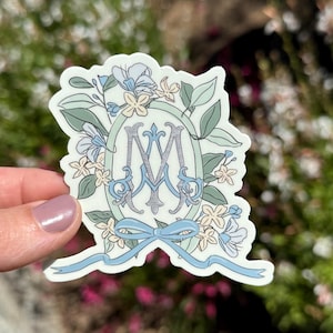 Ave Maria Sticker Blue Floral Hand-drawn original Art Marian Decal Matte Vinyl Waterproof Sticker for Notebook Bulk Catholic Gift