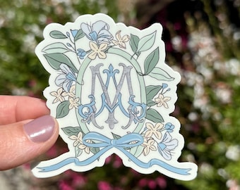 Pegatina Ave María, diseño floral azul dibujado a mano, arte original mariano, calcomanía de vinilo mate impermeable para cuaderno, regalo católico al por mayor