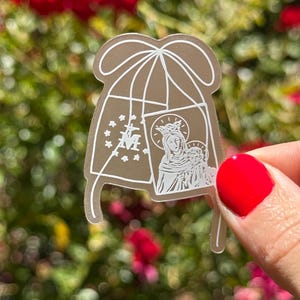 Brown Scapular Sticker: Our Lady of Mount Carmel Devotion, Original Hand Drawn Catholic Art
