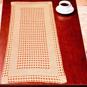 May include: A cream-colored, rectangular crocheted table runner with a dotted pattern in the center and a decorative border. The runner is placed on a dark wooden surface. A white teacup and saucer with coffee are on the right.