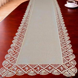 Può includere: Un runner da tavola rettangolare color bianco sporco caratterizzato da un pannello centrale in tessuto solido e un intricato bordo in pizzo all'uncinetto smerlato con un motivo floreale ripetuto lungo tutti i lati, appoggiato su una superficie in legno.