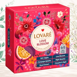 May include: A red tea box with floral designs and the text "LOVARE LOVE BLOSSOM." The box features images of flowers and a passion fruit. It contains 6x15 tea bags with flavors like "1001 Nights" and "Love Blossom."