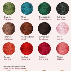 May include: A chart of colour swatches for doll skin fabric, doll face thread, doll hair yarn, and doll clothing. The colours are labelled in both German and English. The chart is titled "Mariengold".