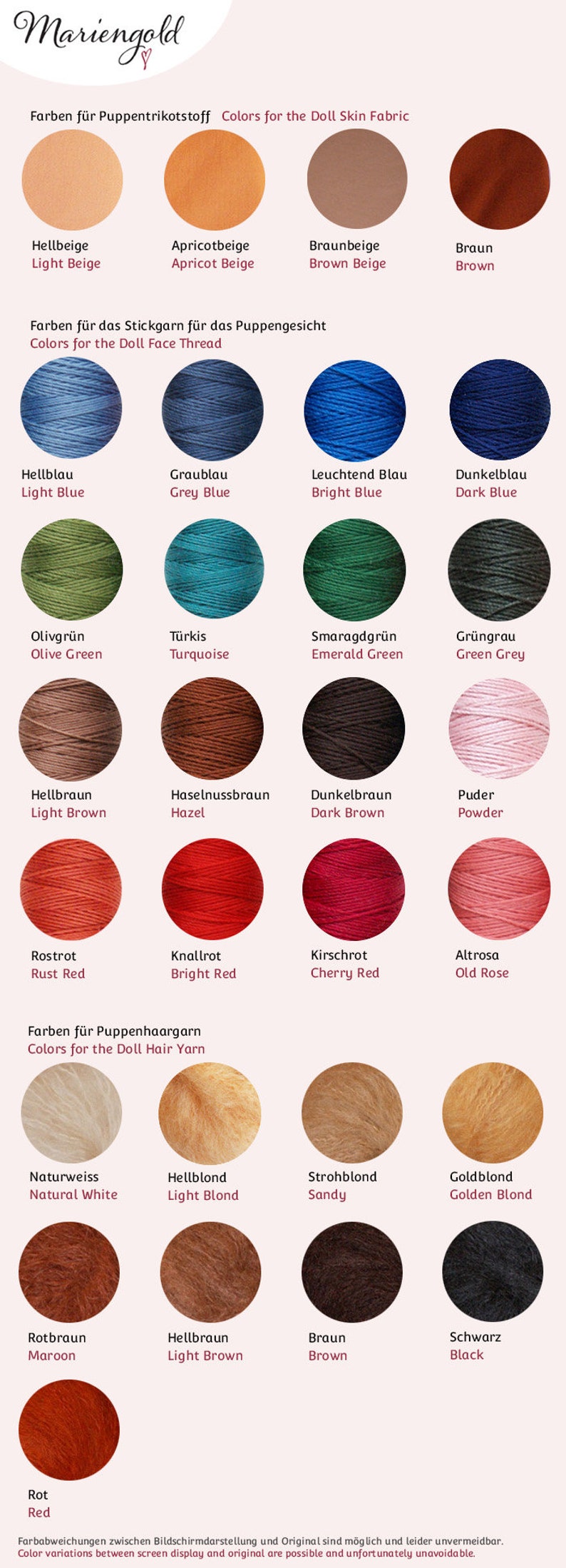 May include: A chart of colour swatches for doll skin fabric, doll face thread, doll hair yarn, and doll clothing. The colours are labelled in both German and English. The chart is titled "Mariengold".