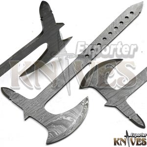 May include: Damascus steel axe heads and a sword blade with a unique pattern. The blades have a textured, marbled appearance. The image shows several pieces, including a large axe head with a curved blade and a long, straight sword blade.