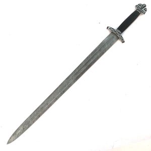May include: A long, silver sword with a patterned blade and a black handle. The hilt and pommel have decorative silver accents. The sword is shown against a white background.