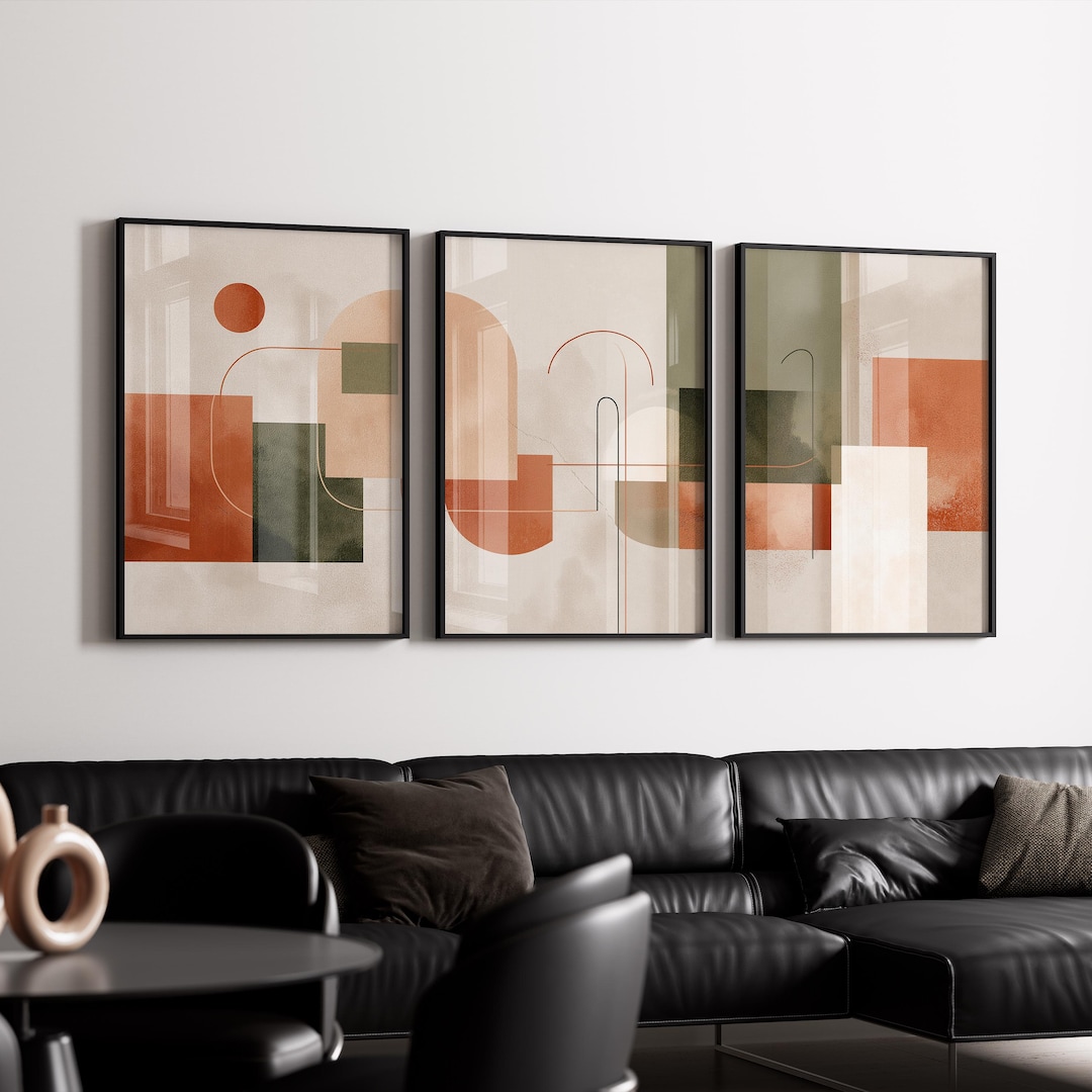 Mid Century Abstract Print Set, Terracotta & Olive Green Wall Decor ...