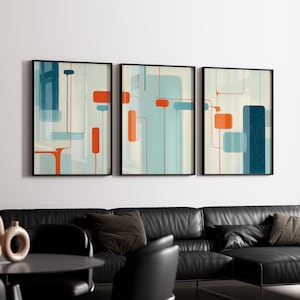 Mid Century Modern Geometric Print Set: Retro Teal & Orange Wall Art (Digital Download)