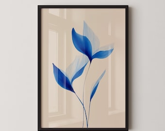 Stampa botanica vintage blu, poster floreale blu navy, arredamento cottagecore per soggiorno