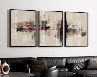 Scandinavische abstracte kunstprintset: beige, rood en zwart, minimalistisch decor (digitale download)