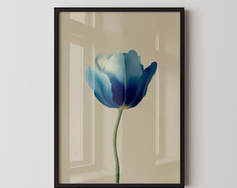 Minimalist Botanical Tulip Print, Soft Blue on Beige, Printable Bedroom Art