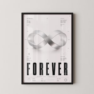 Puede incluir: Un póster enmarcado que presenta un símbolo de infinito en plata metálica centrado sobre un fondo blanco. El diseño incluye datos técnicos, líneas de cuadrícula y el texto negro en negrita "FOREVER" en la parte inferior, seguido de "NOTHING ENDS... EVERYTHING IS."