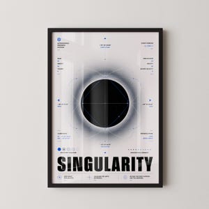 May include: A framed print featuring a black and white graphic design with the word "SINGULARITY" in bold letters. The design includes a central black circle, surrounded by blue lines and text, with scientific terms and measurements. The print is in a black frame.