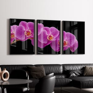 Modern Flower Wall Art Set of 3 – Pink Orchid on Black, Elegant Botanical Printables for Home Decor