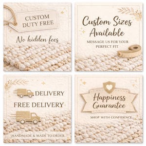 K&ouml;nnte beinhalten: Vier quadratische Bilder mit Text auf einem strukturierten beigefarbenen Hintergrund. Der Text enth&auml;lt "Custom Duty Free", "Custom Sizes Available", "Delivery Free Delivery" und "Happiness Guarantee".