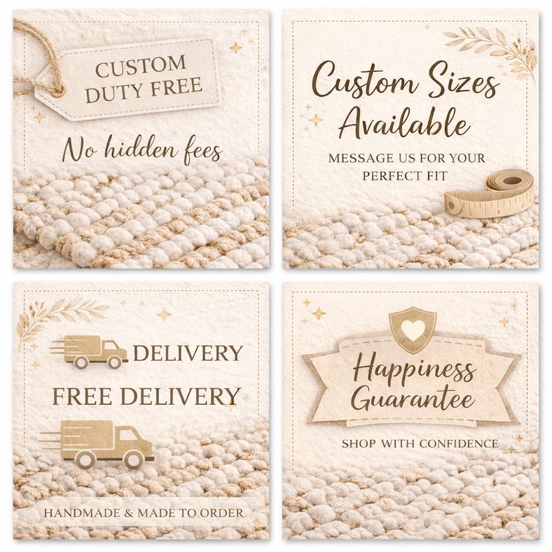 K&ouml;nnte beinhalten: Vier quadratische Bilder mit Text auf einem strukturierten beigefarbenen Hintergrund. Der Text enth&auml;lt "Custom Duty Free", "Custom Sizes Available", "Delivery Free Delivery" und "Happiness Guarantee".