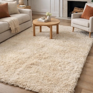 Cream Shaggy Wool Area Rug, Handwoven Plush Rug, Ivory Fluffy Carpet, Scandinavian Boho Bedroom Rug, Custom Size Wool Rug